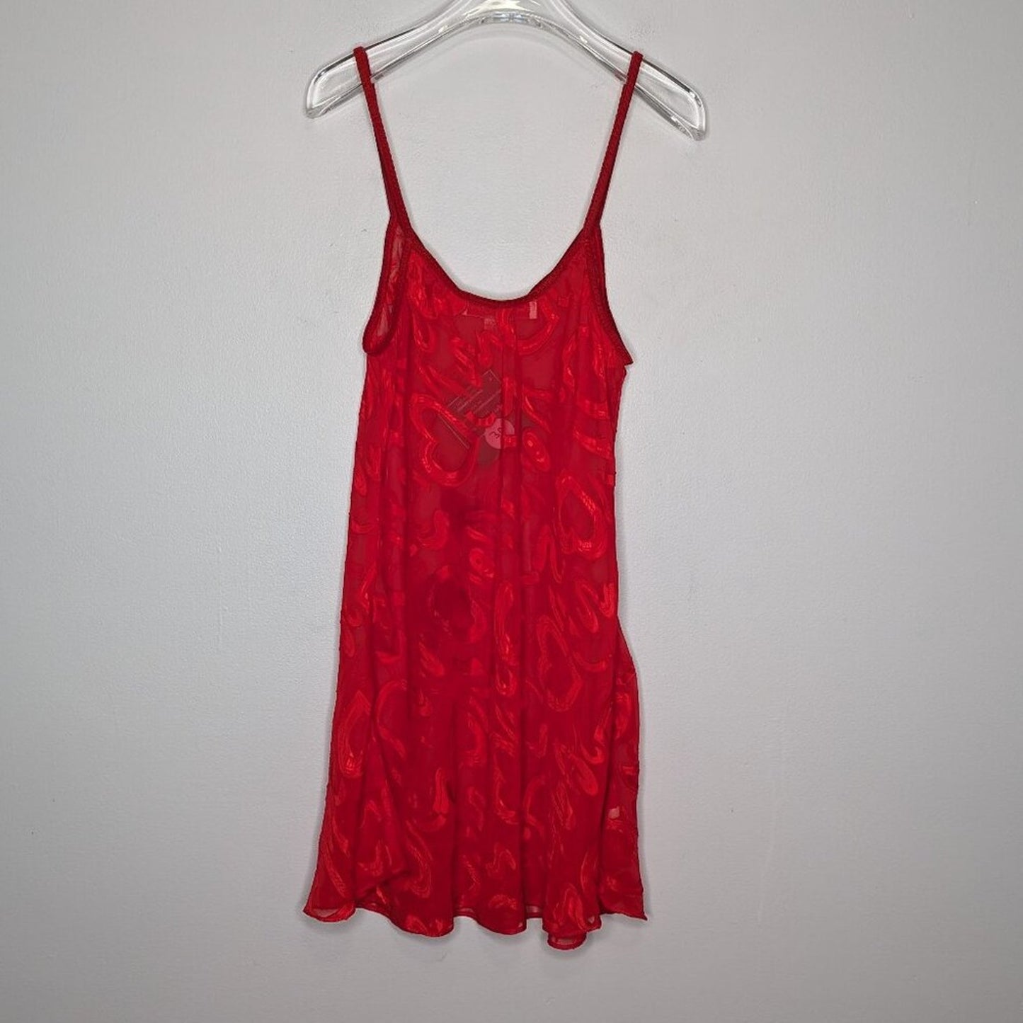 Vintage 90's Red Heart Pattern Semi Sheer Slip Dress Nightie Scoop Neck Size XL
