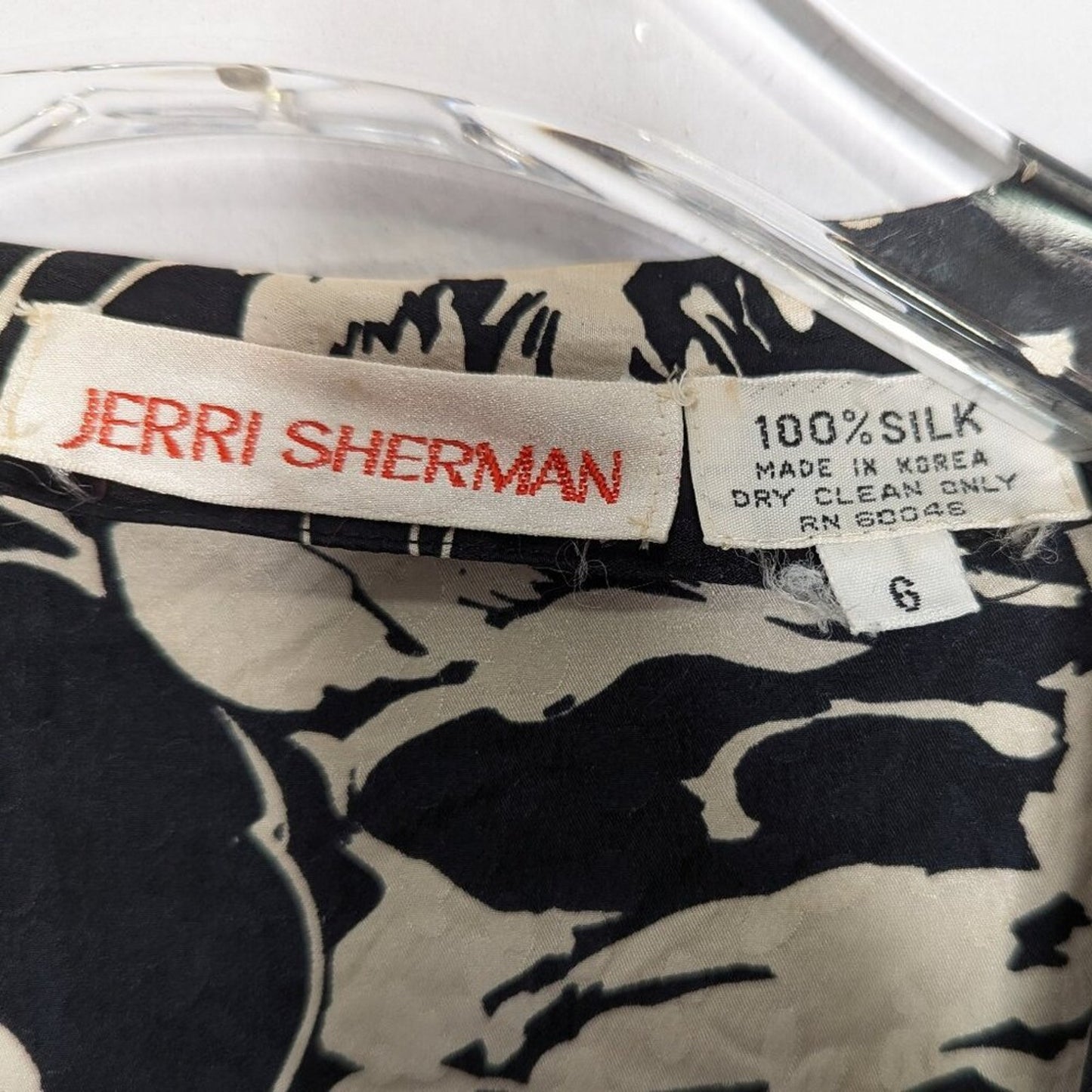 Vintage Jerri Sherman Bold Graphic Floral Print Silk Dress Black White Midi