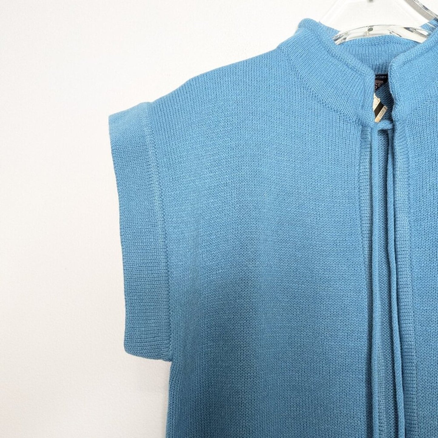 Vintage Blue Deadstock Sleeveless Cardigan Tie Neck Standing Collar Tassels M