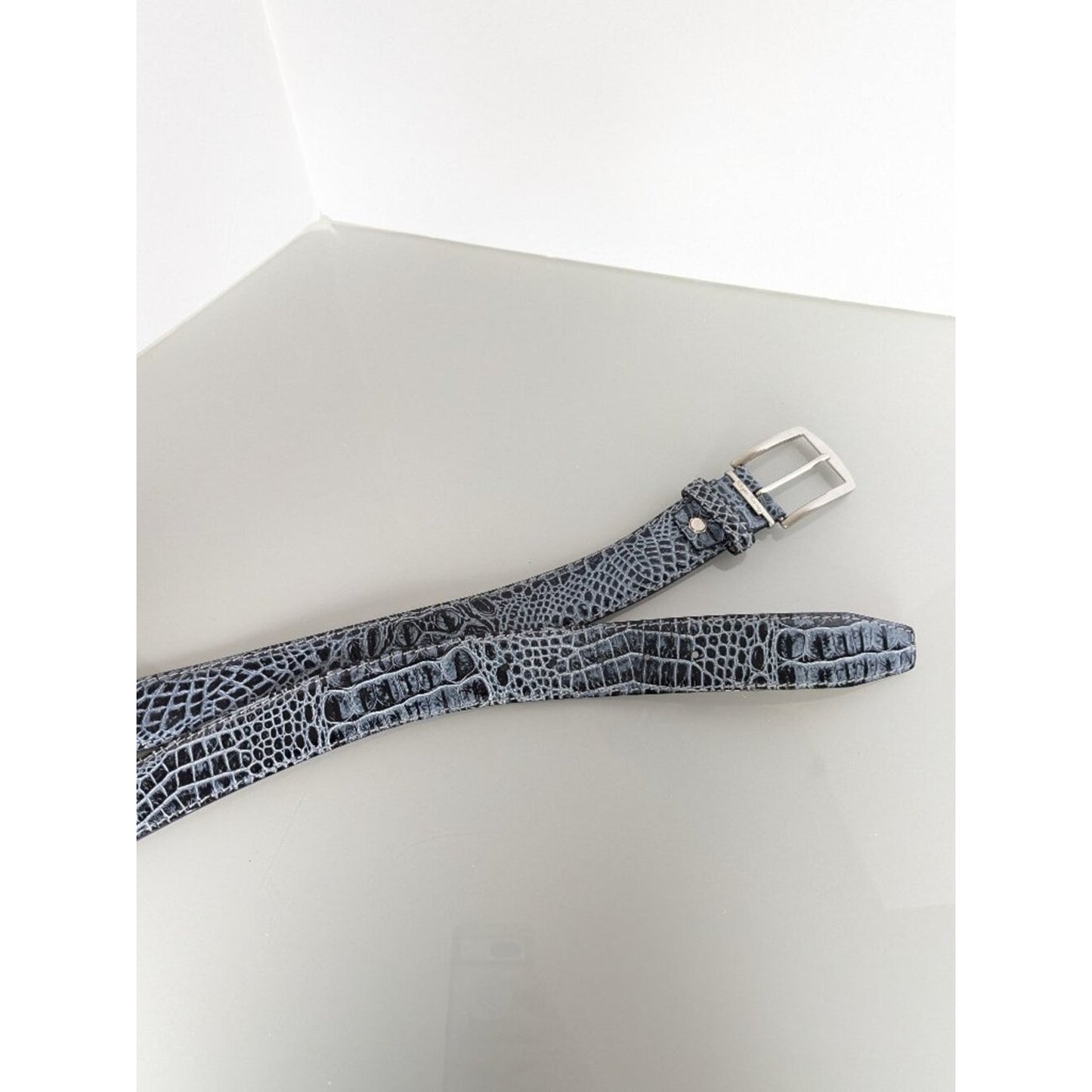 Roger Ximenez Black Shadow Mock Croc Embossed Italian Leather Belt Brass Buckle