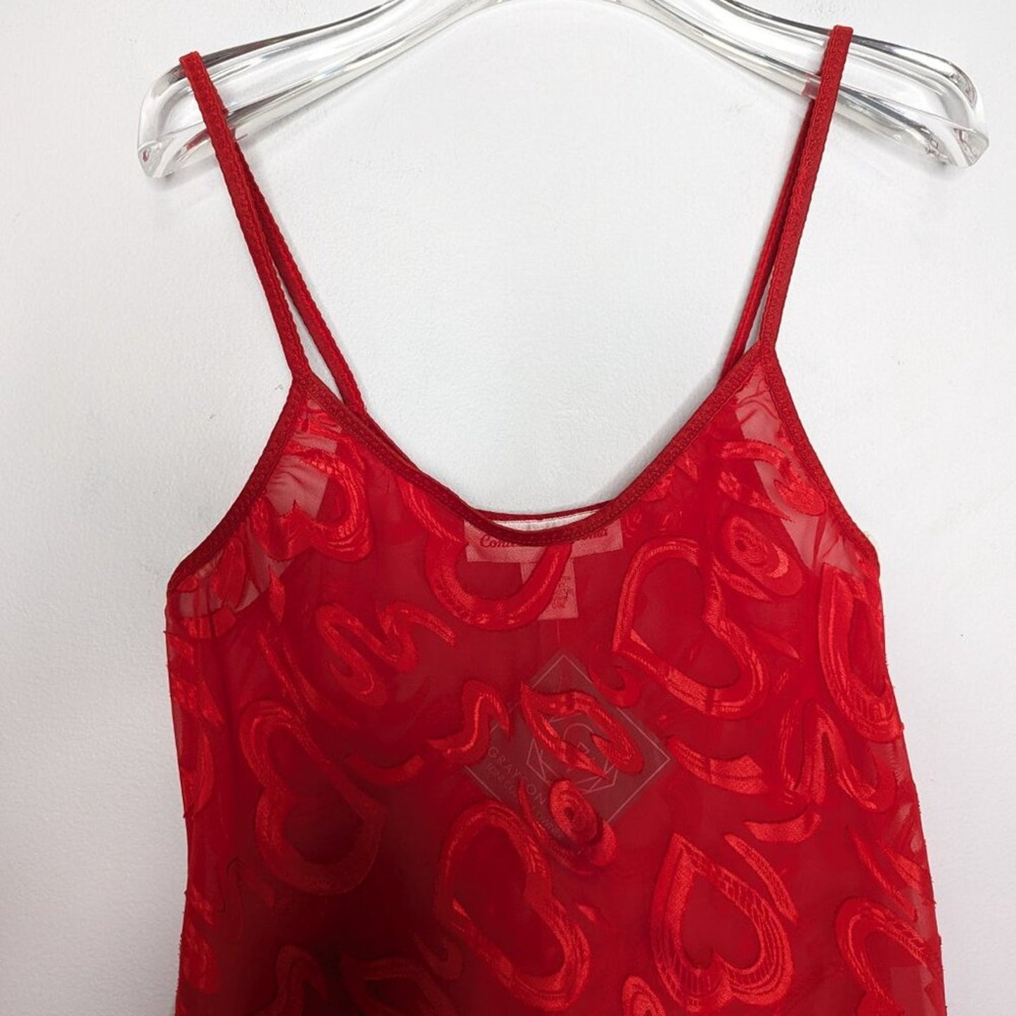 Vintage 90's Red Heart Pattern Semi Sheer Slip Dress Nightie Scoop Neck Size XL