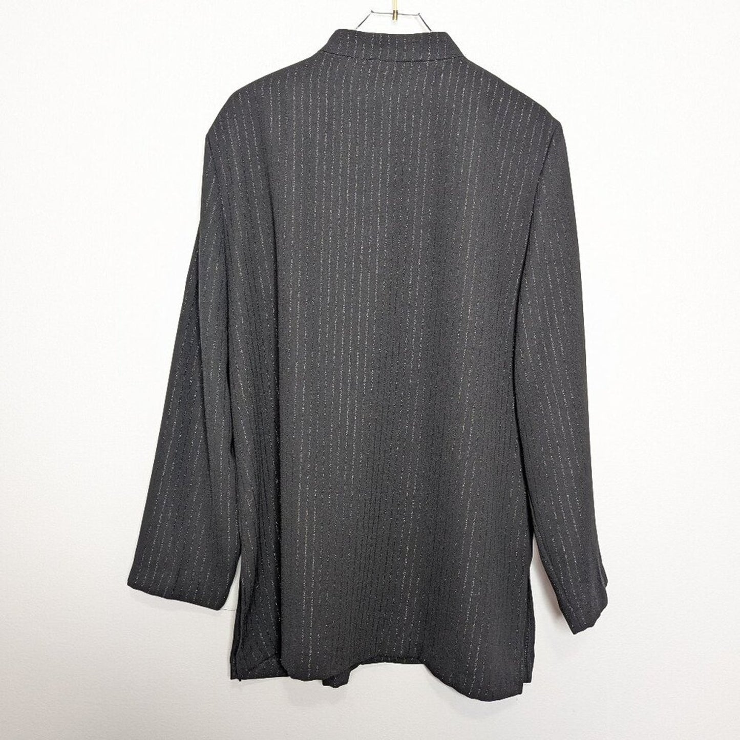 Vintage 90's Black Mandarin Collar Metallic Pin Stripe Top Long Sleeve Button Up
