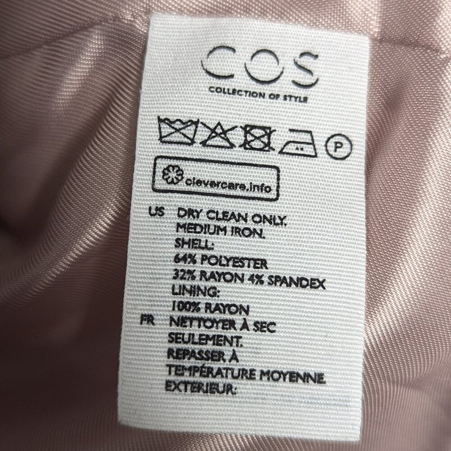 COS Pale Pink Long Sleeve Coat Zip Up Pockets Detachable Collar Lined Size 2