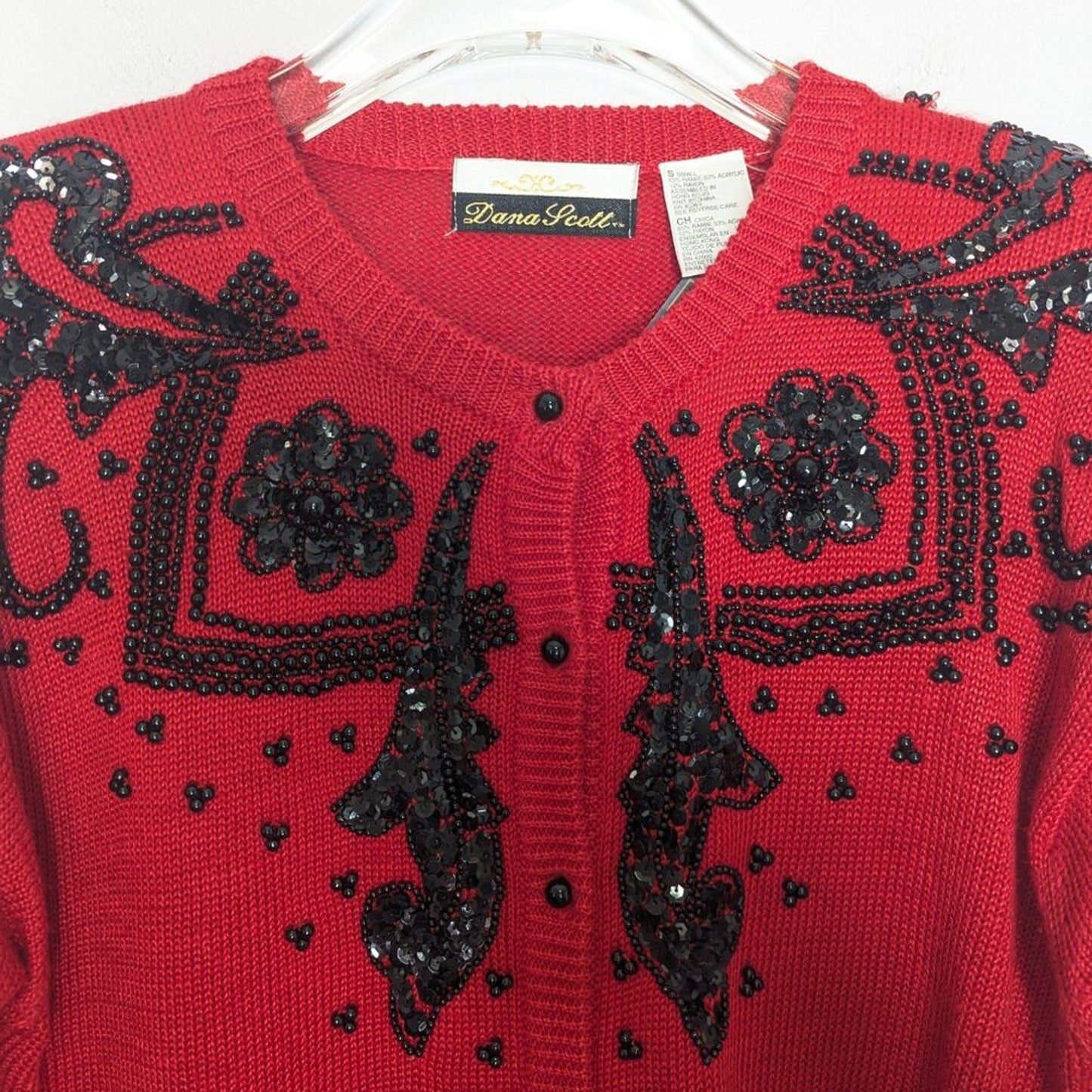 Vintage Dana Scott Red Long Sleeve Black Beaded Button Up Cardigan Crew Neck S