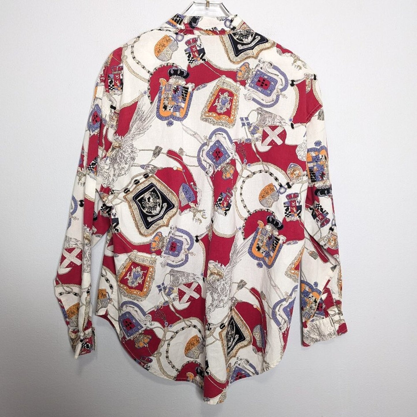 Vintage 90's Long Sleeve Royal Crest Shield Pattern Button Up Shirt White Pink