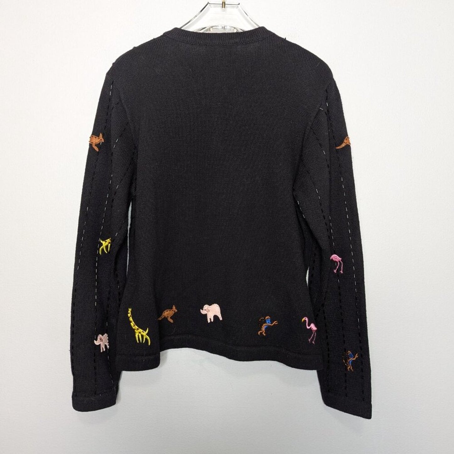 Vintage Berek Black Long Sleeve Beaded Zoo Animals Cardigan Lion Flamingo Monkey