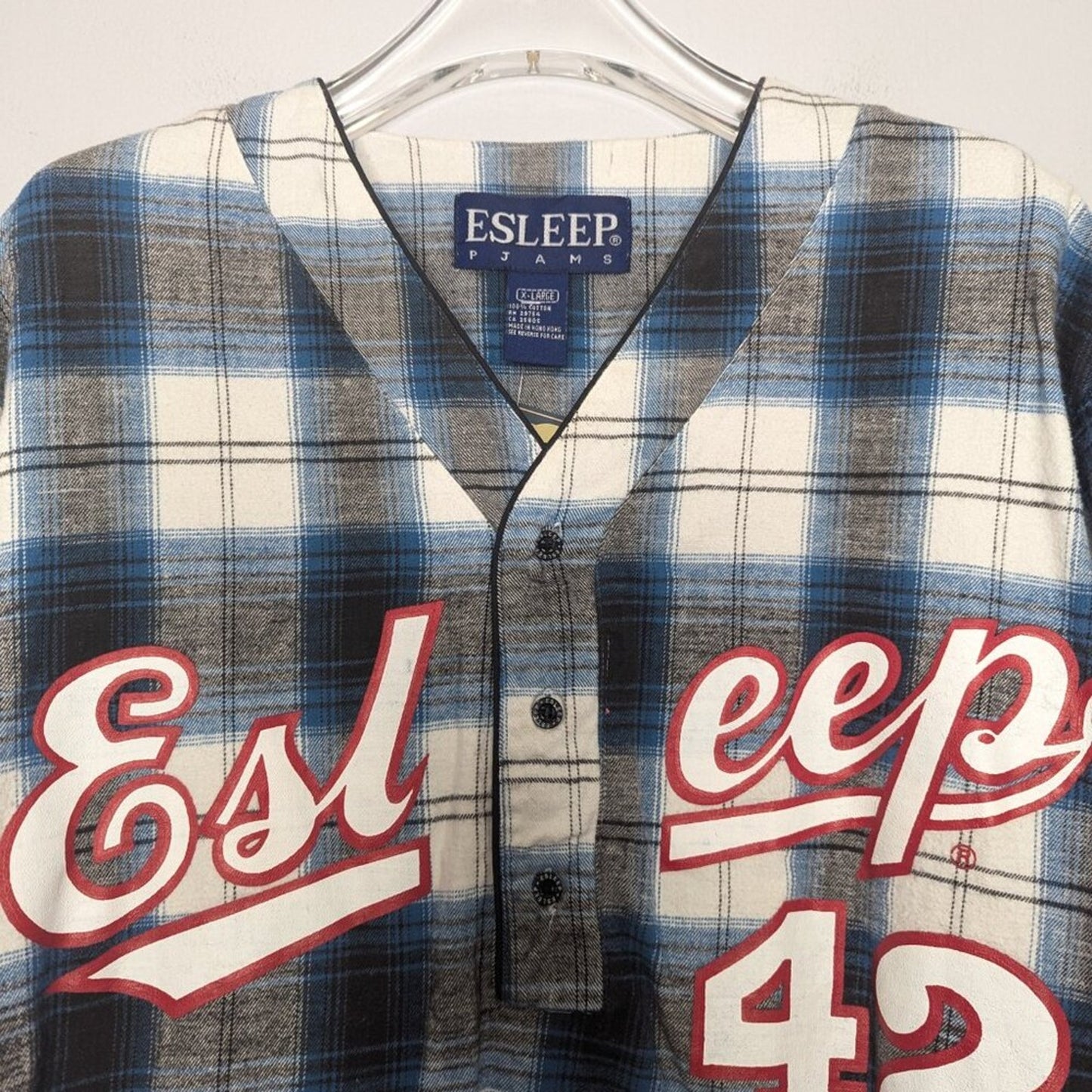 Vintage Blue Plaid Esleep 90's Baseball Jersey Flannel Sleep Shirt Long Sleeve