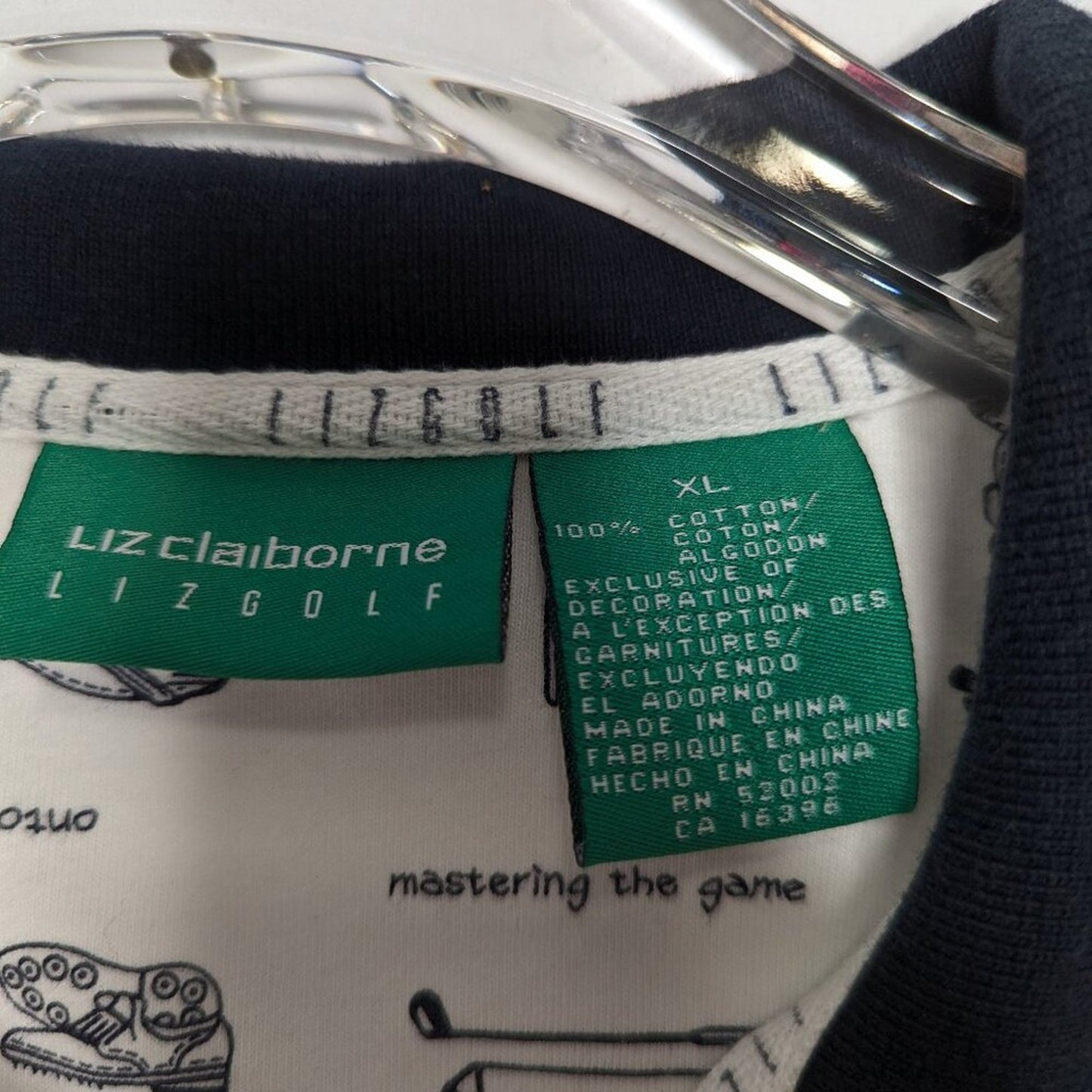 Vintage Liz Claiborne White Golf Print Short Sleeve Polo Shirt Collared Preppy