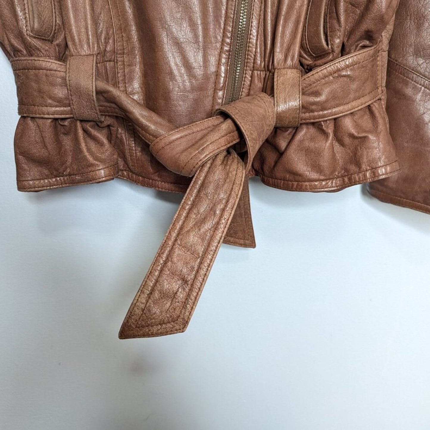 Wilsons Leather Adventure Bound Brown Leather Tie Waist Moto Jacket Pockets L