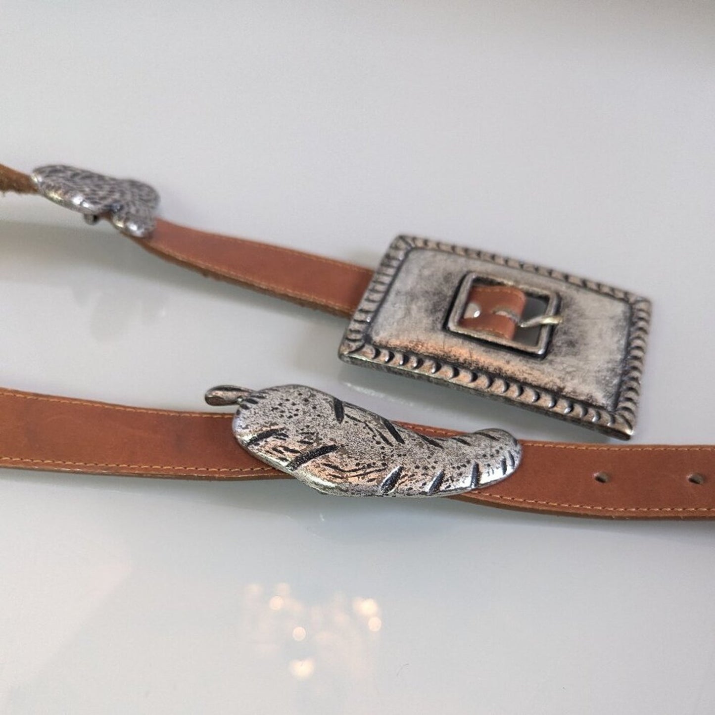 Guess Vintage 90's Brown Leather Belt Metal Cactus Snake Chili Pepper Accents