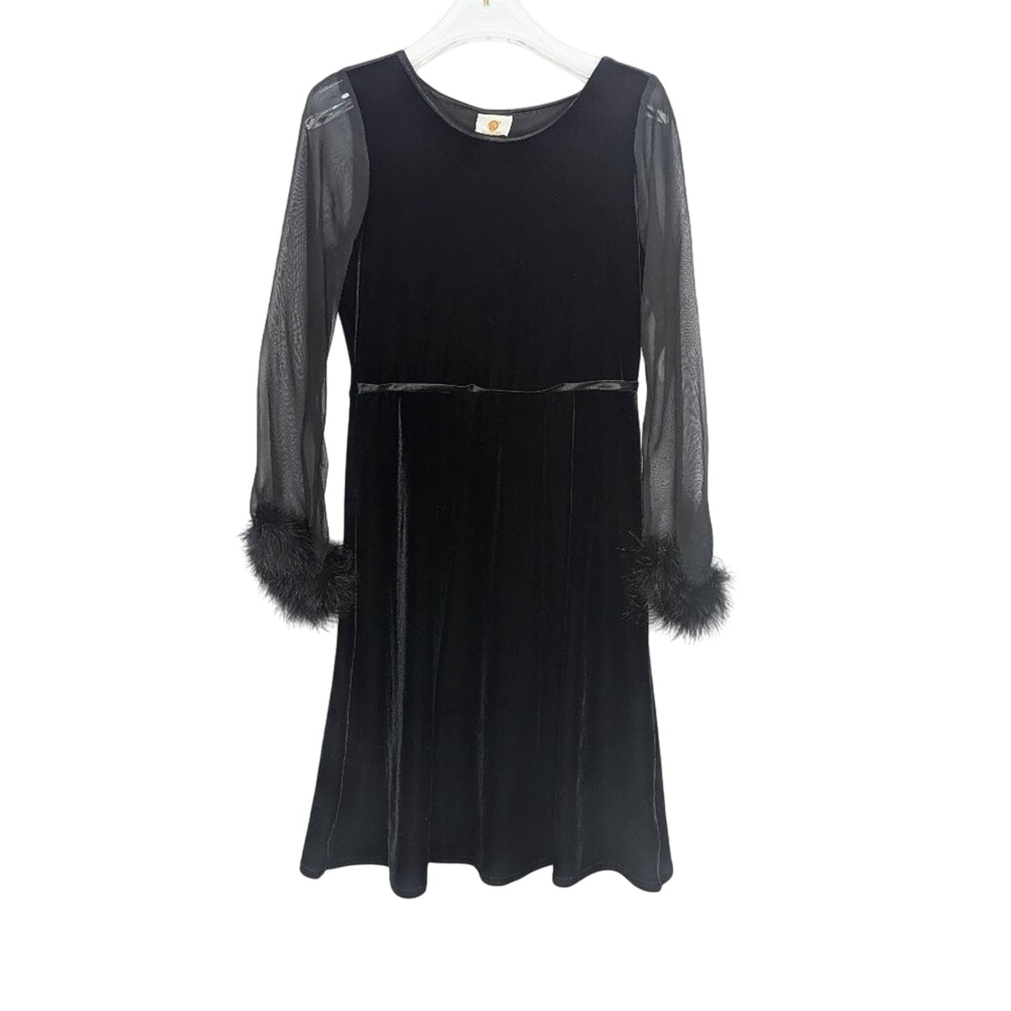 Vintage Melodee Black Sheer Long Sleeve Velvet Mini Dress Marabou Feather Trim