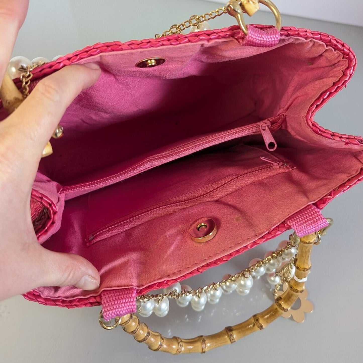 Vintage Hot Pink Woven Bag Bamboo Handles Upcycled Jewelry Charms Pearls Flower