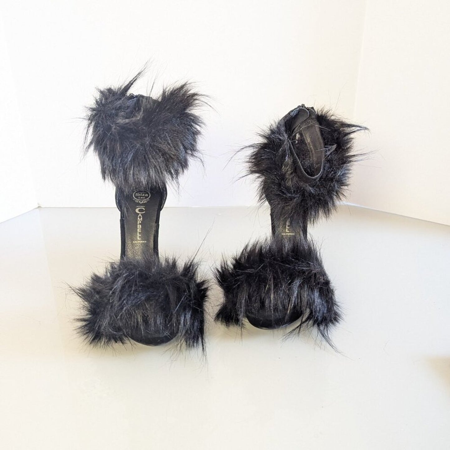 Jeffrey Campbell Black Faux Fur Cookie Heels Open Toe Stiletto Fuzzy Y2K 7.5