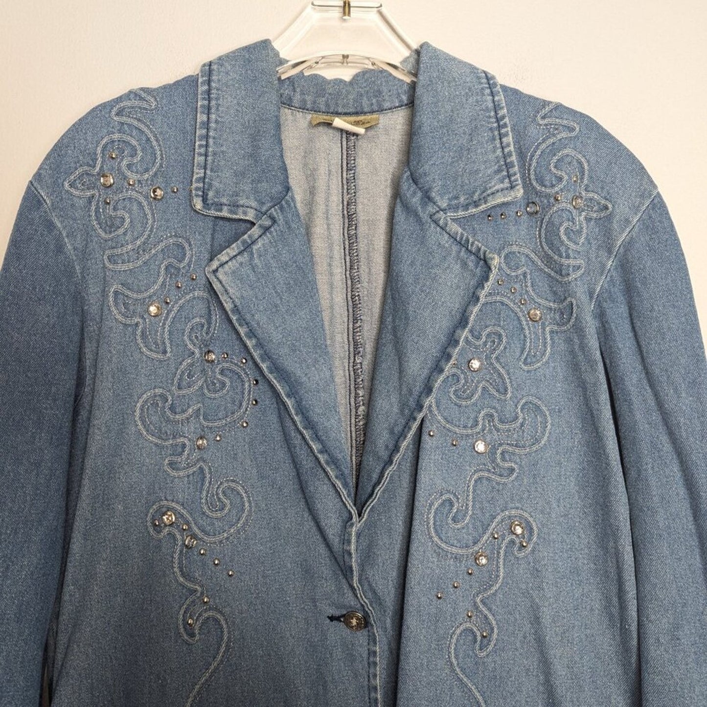 Vintage Blue Denim Long Sleeve Rhinestone Studded Blazer Gabby And Claudia M