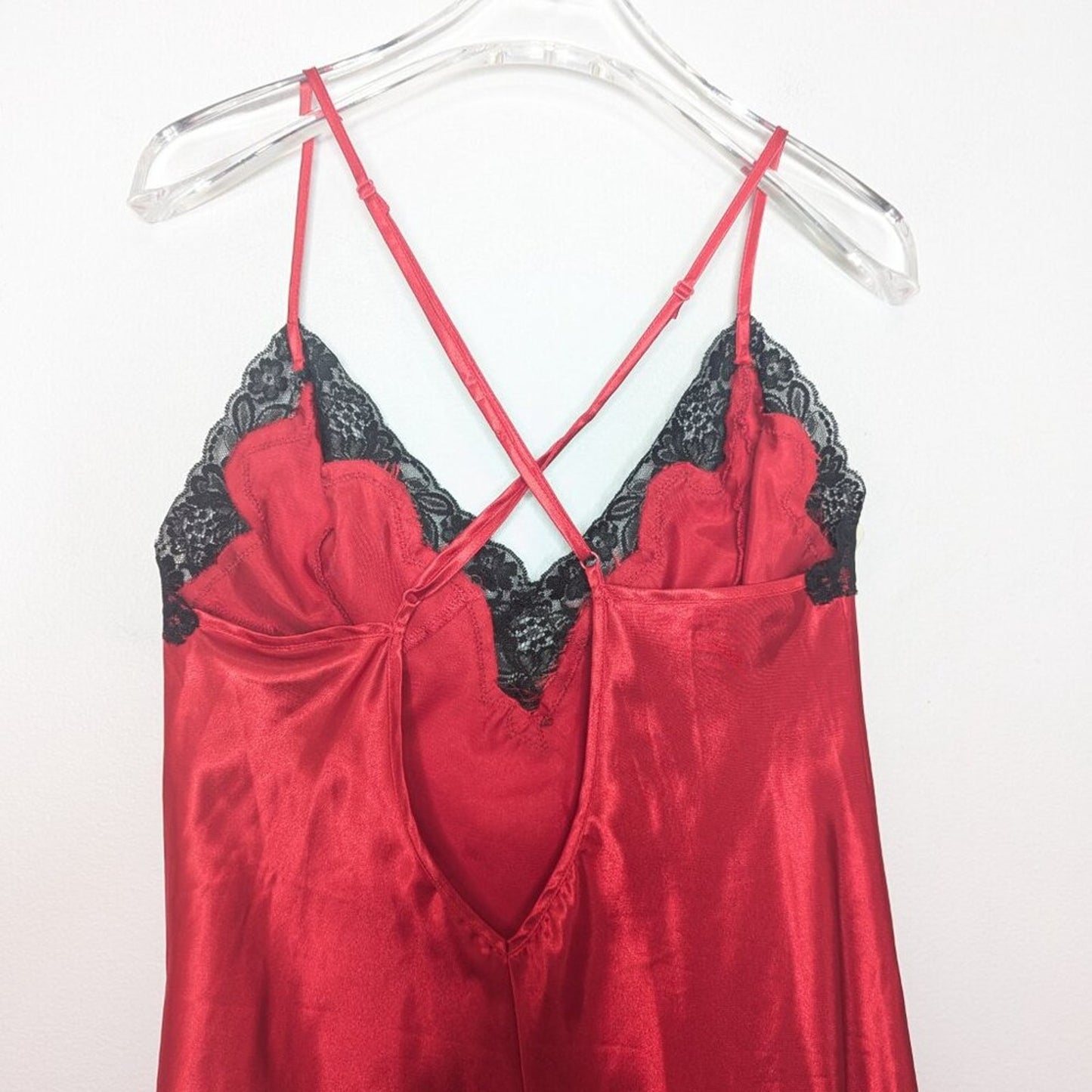 Frederick's of Hollywood Vintage Red Satin Slip Dress Black Lace Trim Cross Back