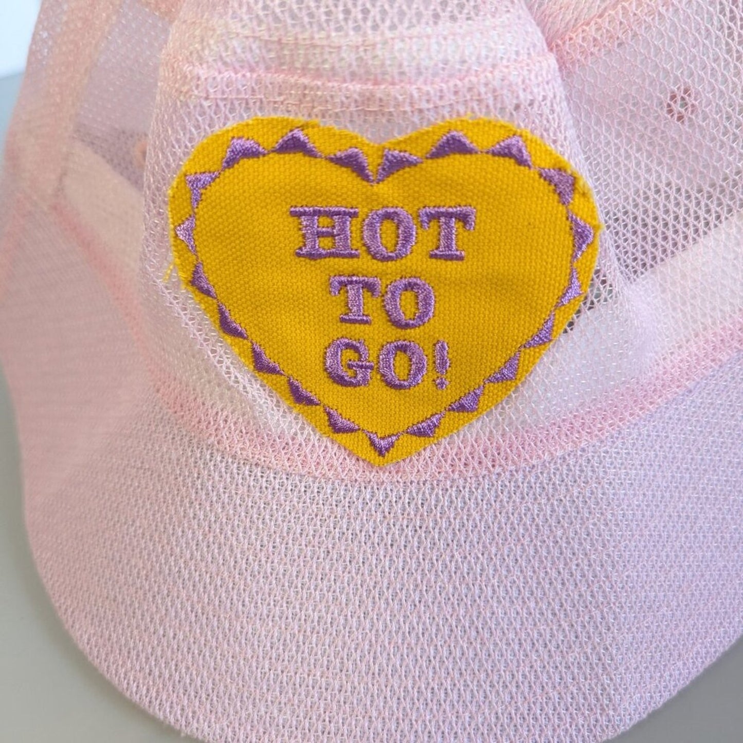 Reworked Upcycled Light Pink Mesh Bucket Hat Hot To Go Embroidered Patch