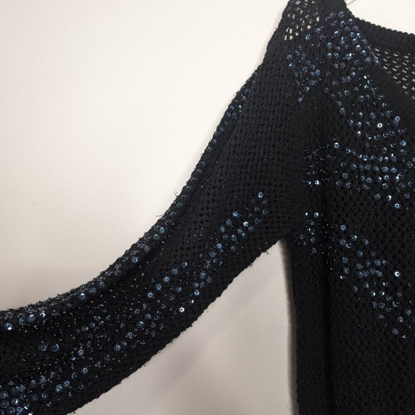 Religion Black Open Knit Crochet Sweater Iridescent Sequins V-Neck Long Sleeve S