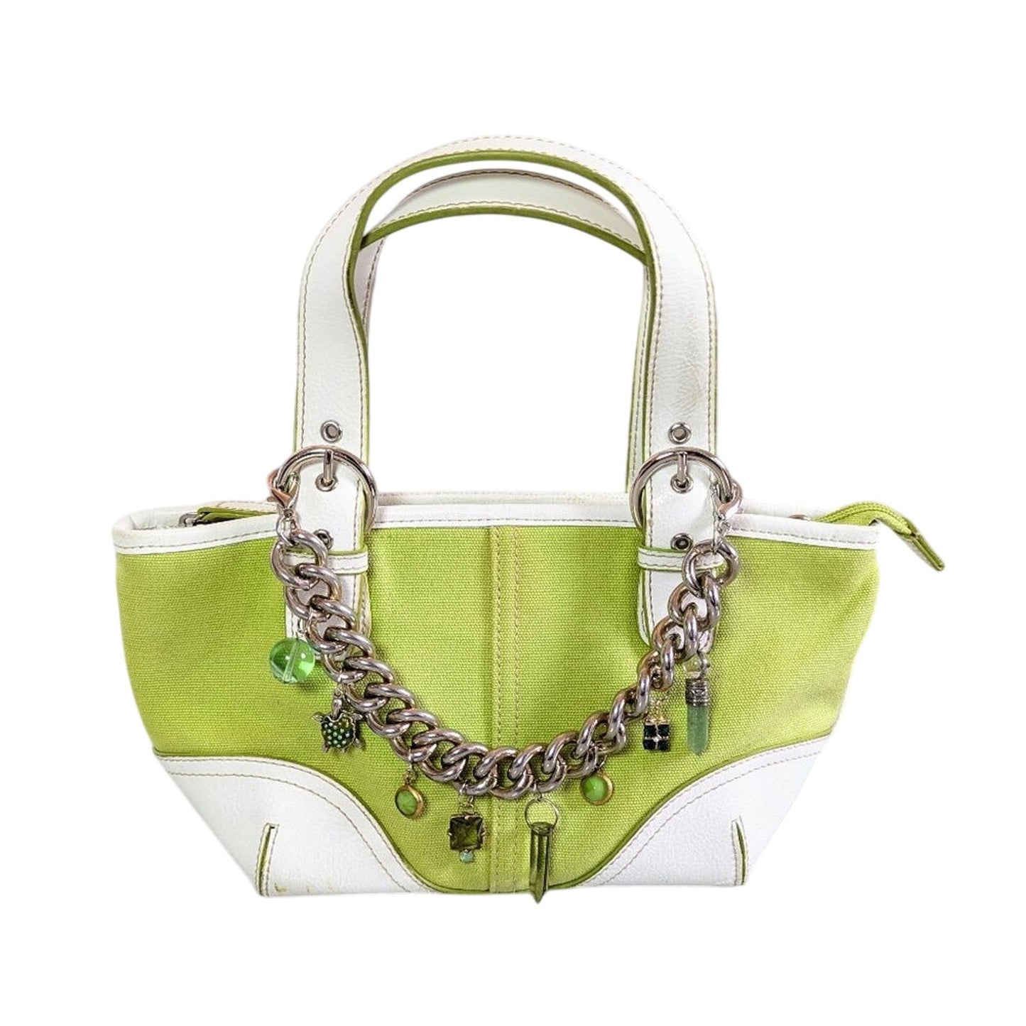 Vintage Y2K Green White Sonoma Zip Purse Upcycled Jewelry Silver Charm Chain