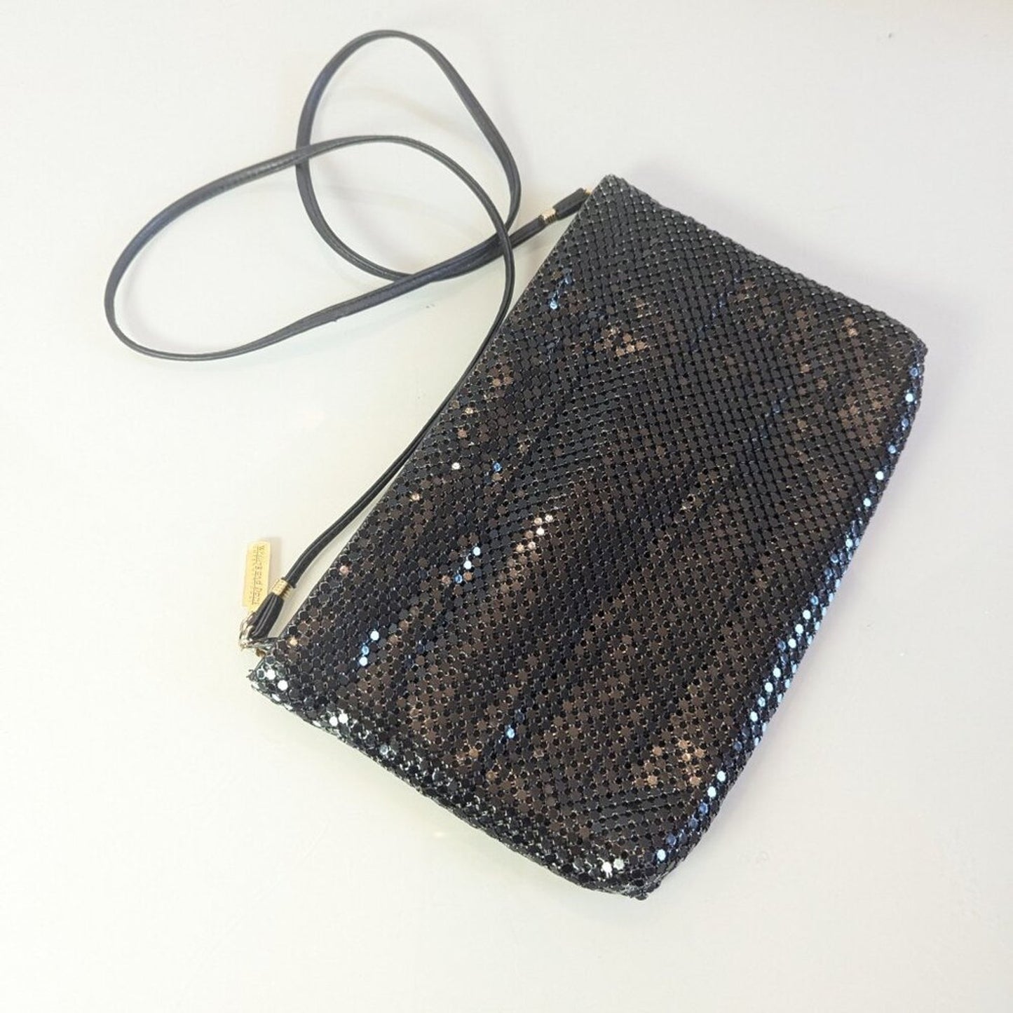Whiting and Davis Vintage Black Metal Mesh Crossbody Bag Zip Close 80's