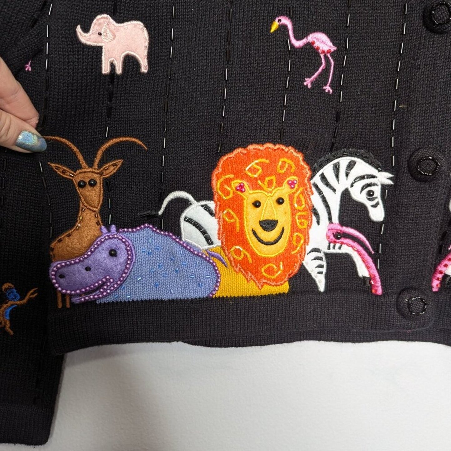 Vintage Berek Black Long Sleeve Beaded Zoo Animals Cardigan Lion Flamingo Monkey