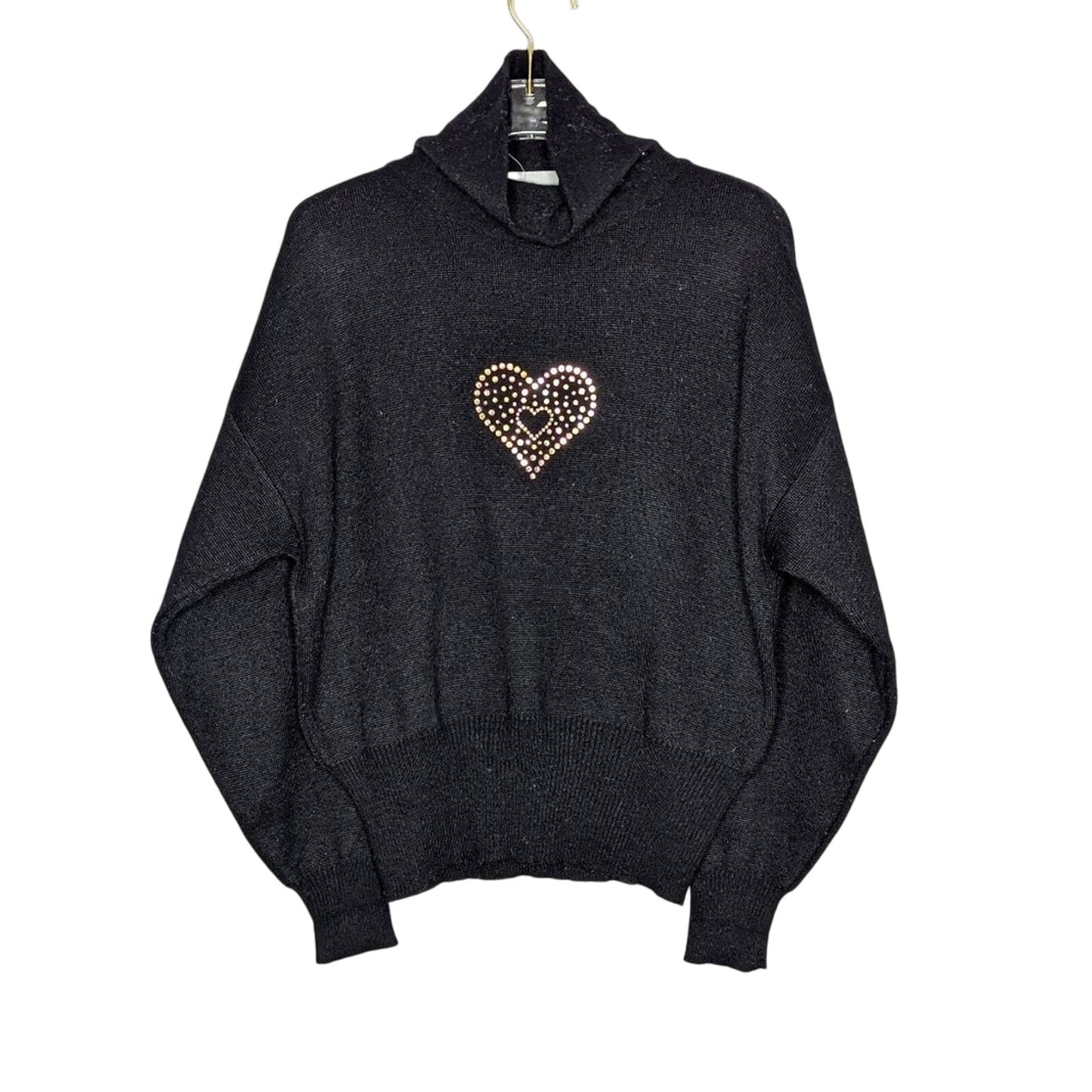 Vintage 70's Meister Black Long Sleeve Turtleneck Sweater Rhinestone Heart