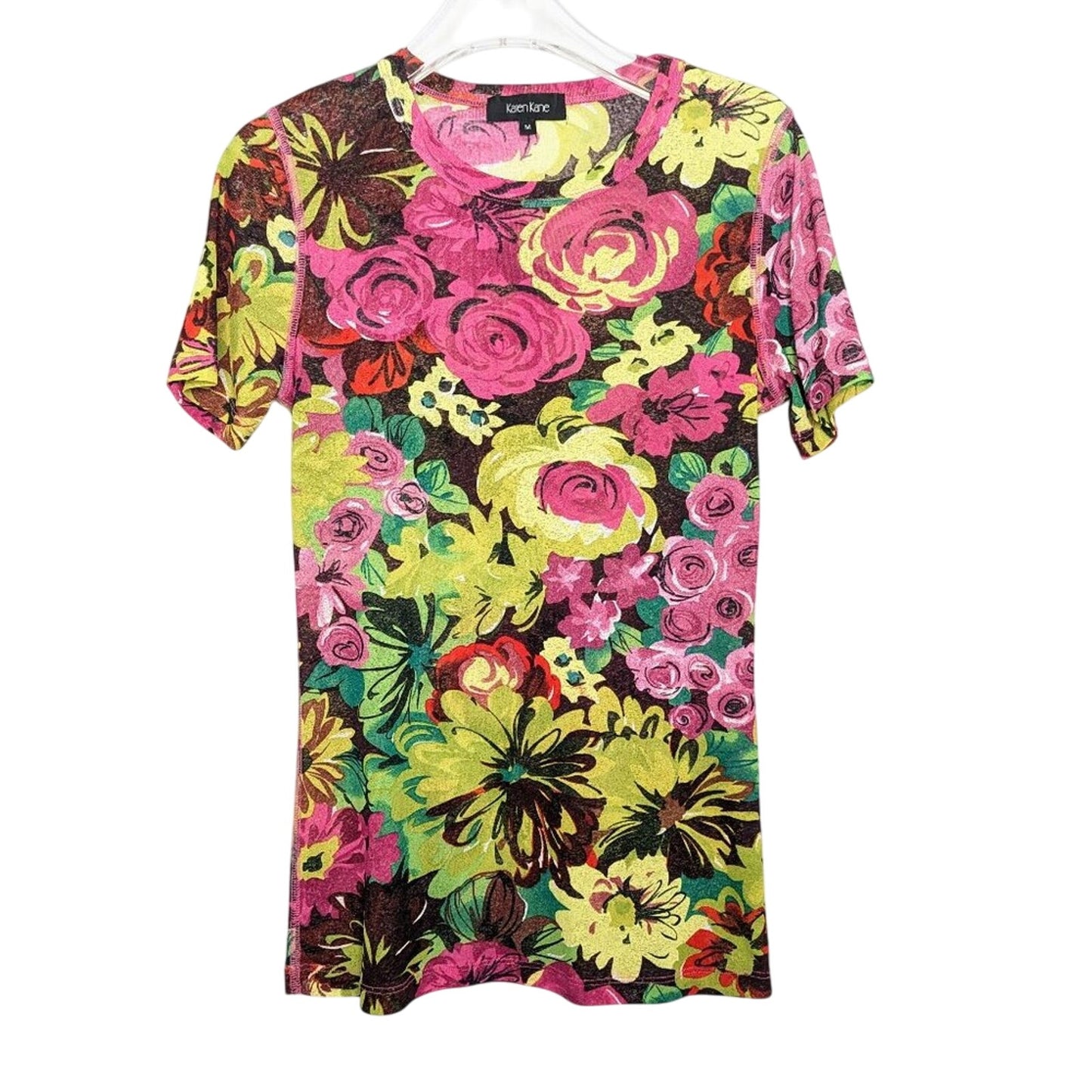 Vintage Y2k Pink Green Floral Print Short Sleeve Lightweight Crew Neck Top M