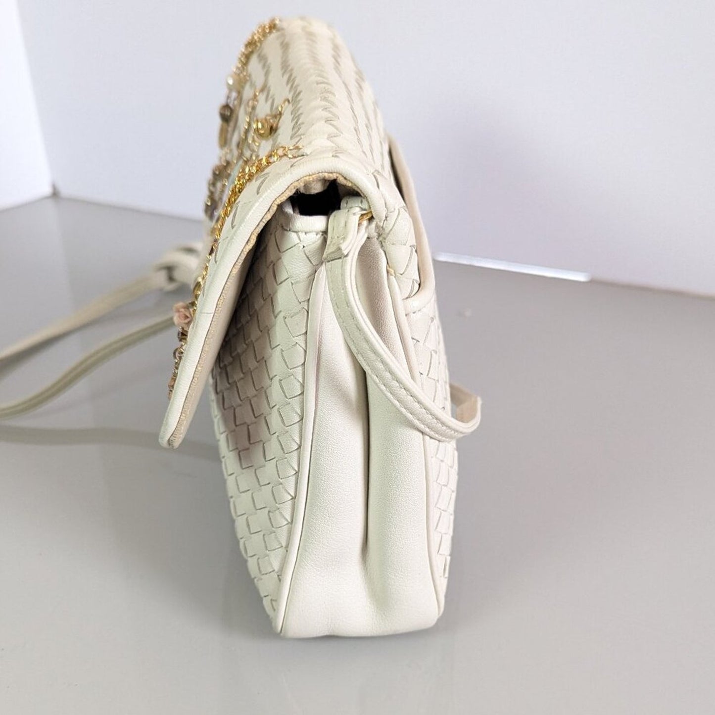 Vintage Cream Woven Ganson Crossbody Bag Upcycled Jewelry Charms Hearts Flowers