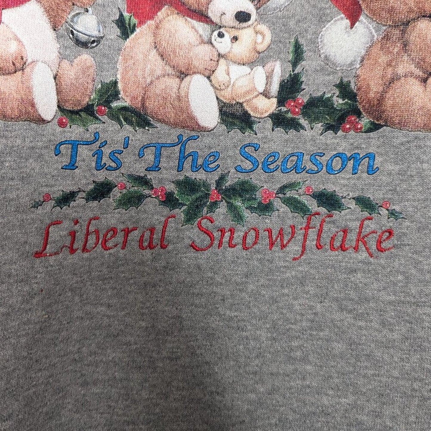 Upcycled Vintage Gray Liberal Snowflake Holiday Sweatshirt Teddy Bears Crewneck