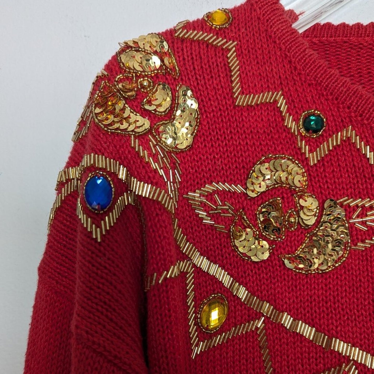 Vintage Red Crew Neck Long Sleeve Sweater Gold Beaded Sequins Rhinestones Floral