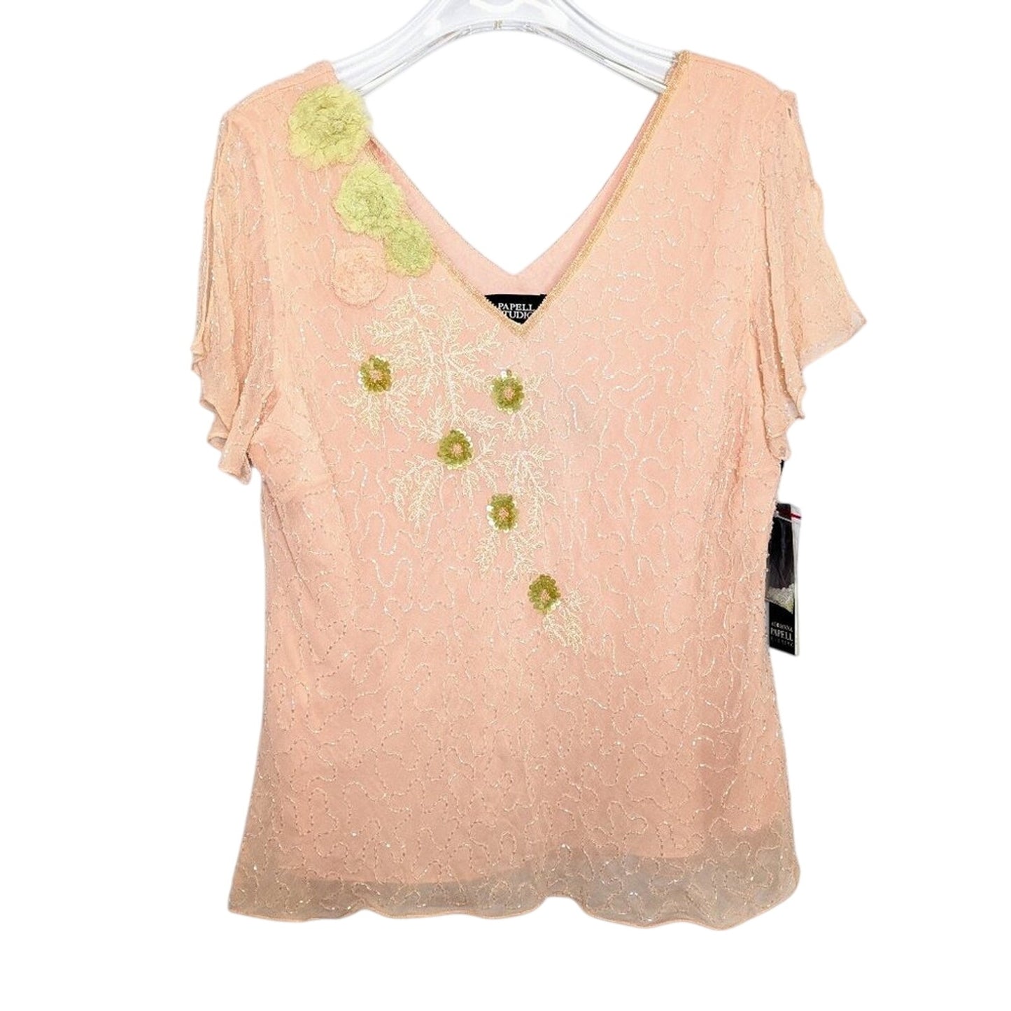 Adrianna Papell Studio Pink Short Sleeve Beaded Sequin V-Neck Evening Top 12
