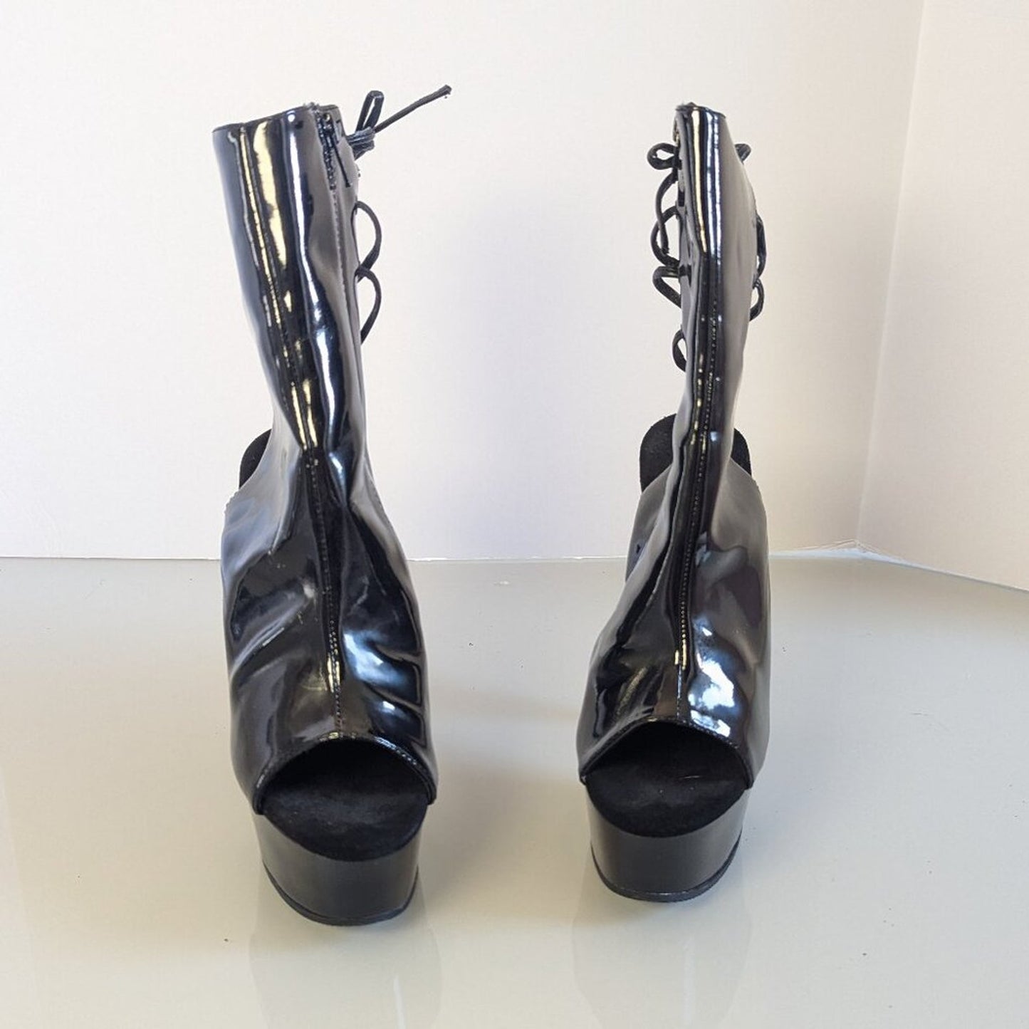 Y2K Pleaser Delight 1018 Black Patent Ankle Boot Platform Heels Peep Toe Size 8