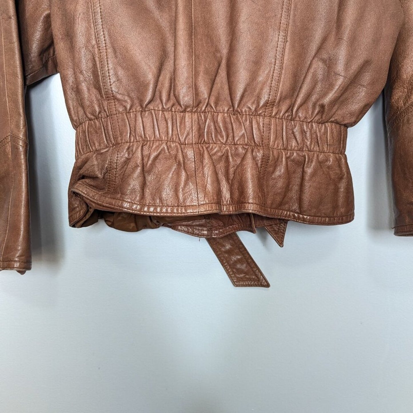 Wilsons Leather Adventure Bound Brown Leather Tie Waist Moto Jacket Pockets L