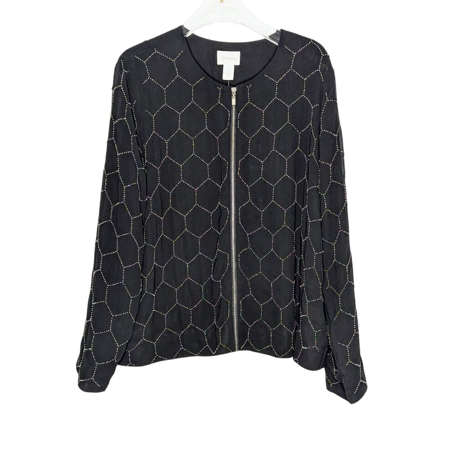 Chico's Black Long Sleeve Beaded Bomber Jacket Full Zip Round Neck NWT
