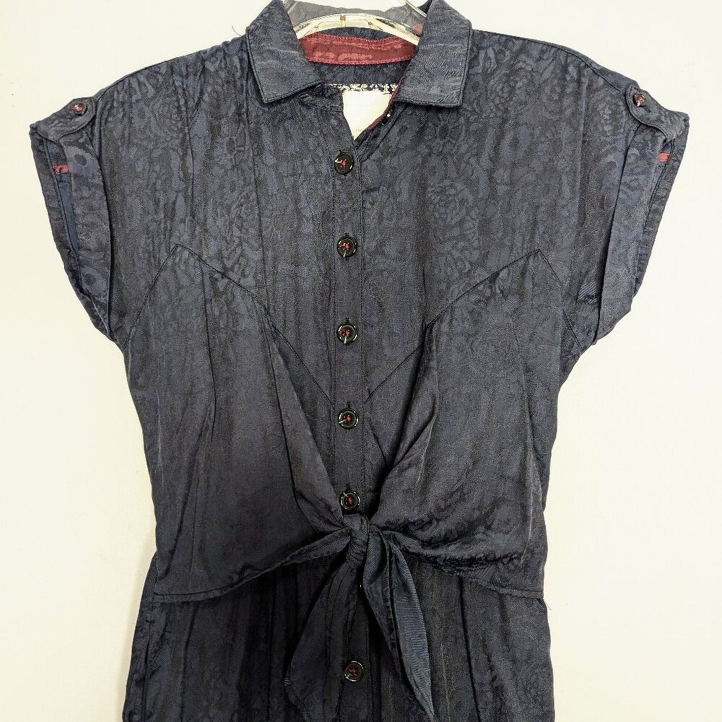 Anthropologie Ettitwa Navy Blue Floral Print Jumpsuit Short Sleeve Button Up 2