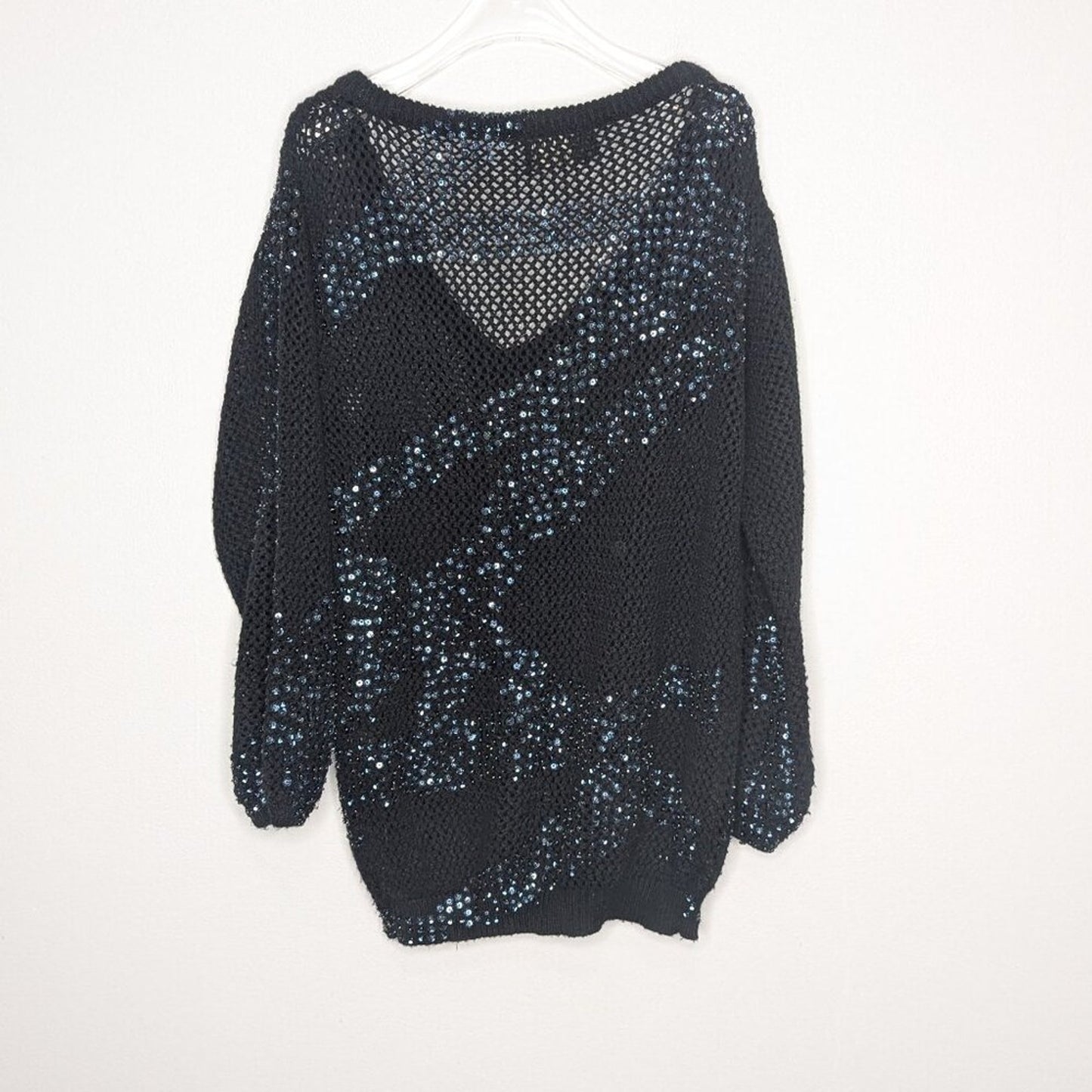 Religion Black Open Knit Crochet Sweater Iridescent Sequins V-Neck Long Sleeve S