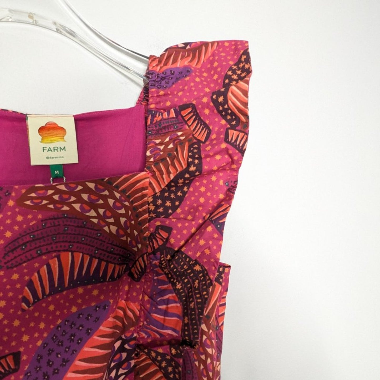 Farm Rio Pink Wild Bananas Print Ruffled Cotton Midi Dress New with Defect M