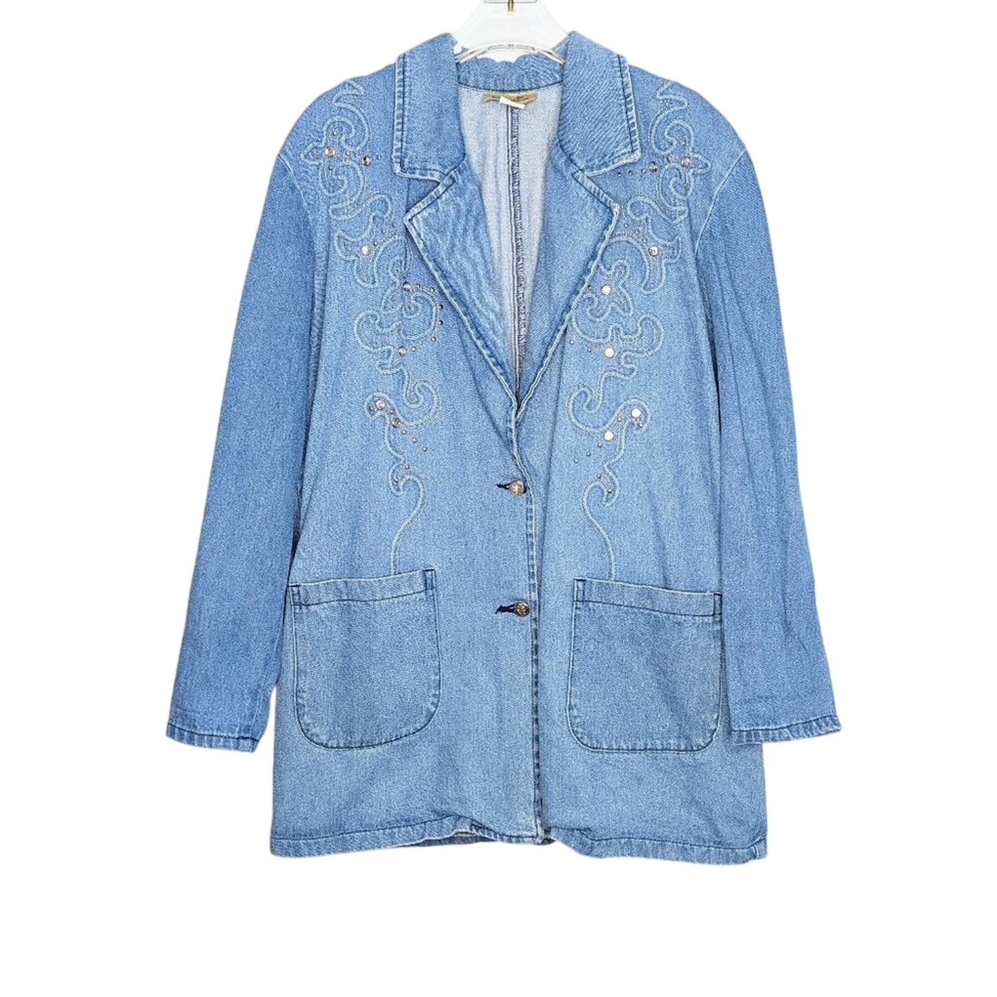 Vintage Blue Denim Long Sleeve Rhinestone Studded Blazer Gabby And Claudia M