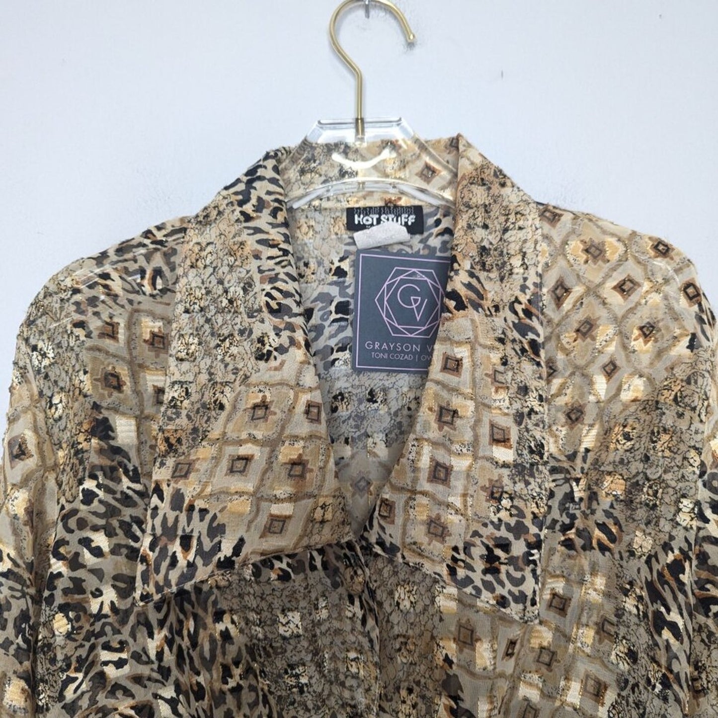 Vintage 90's Animal Print Long Sleeve Tie Front Shirt Collared Leopard Metallic