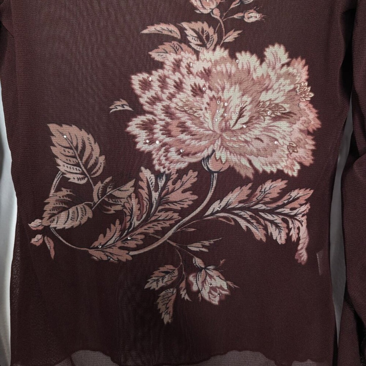 The Limited Vintage Sheer Mesh Long Sleeve Floral Print Top Rhinestones Size XS
