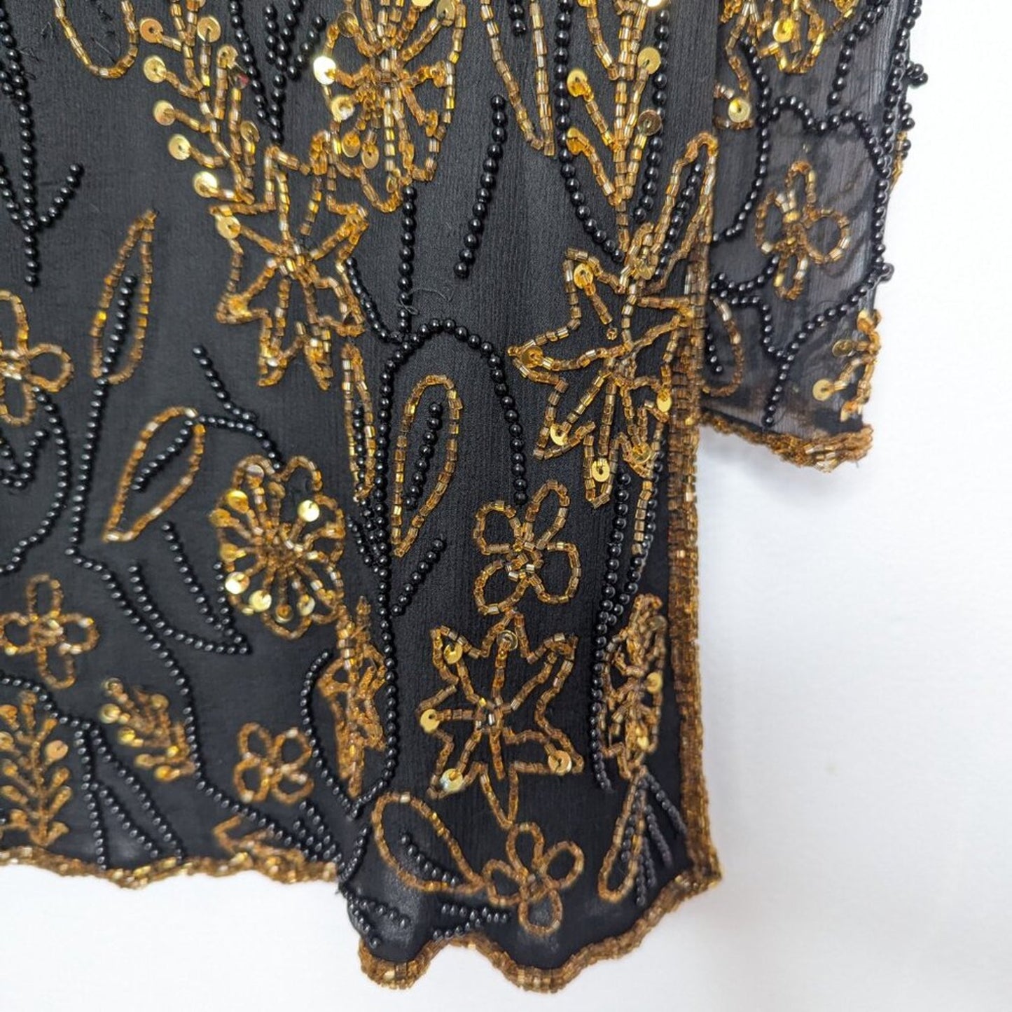 Papell Boutique Black Gold Long Sleeve Beaded Sequin Side Slit Evening Top