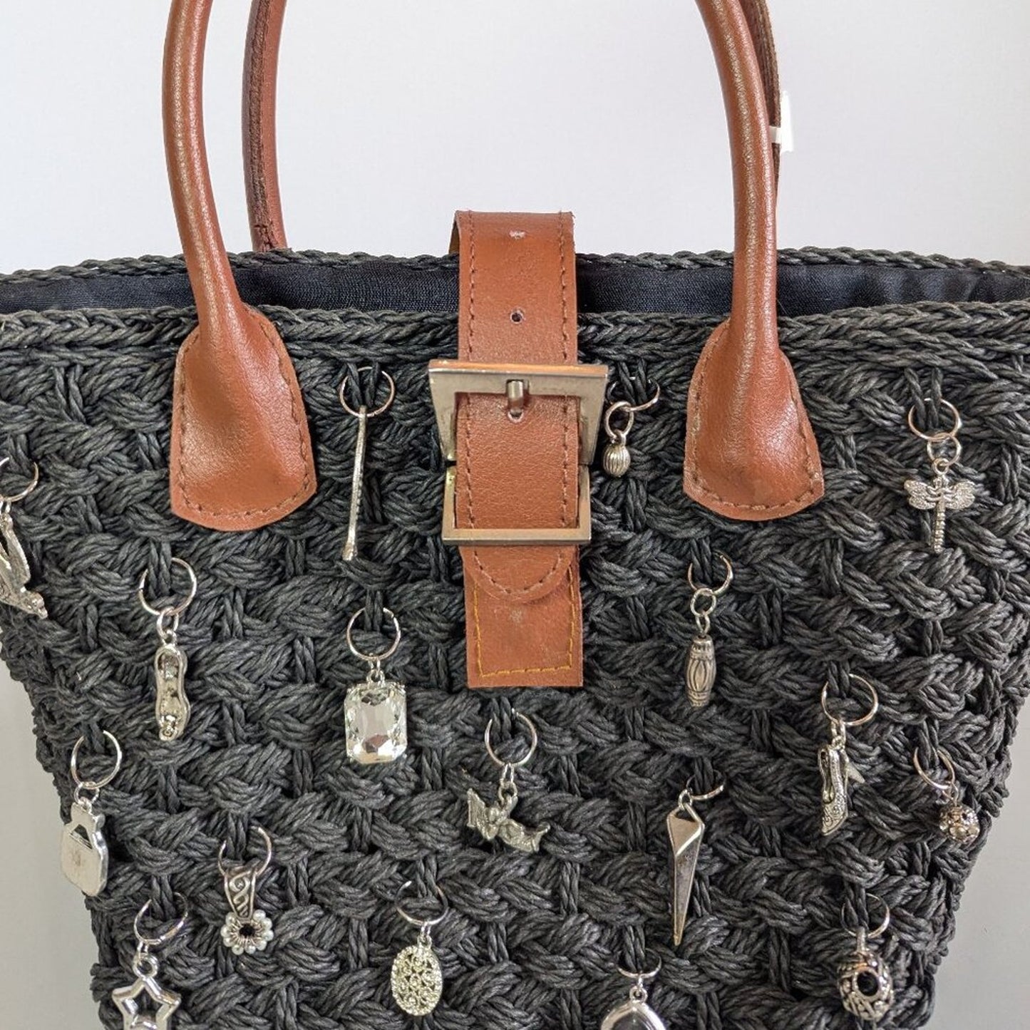 Vintage Black Woven Crossbody Bag Upcycled Jewelry Charms Double Handle Snap