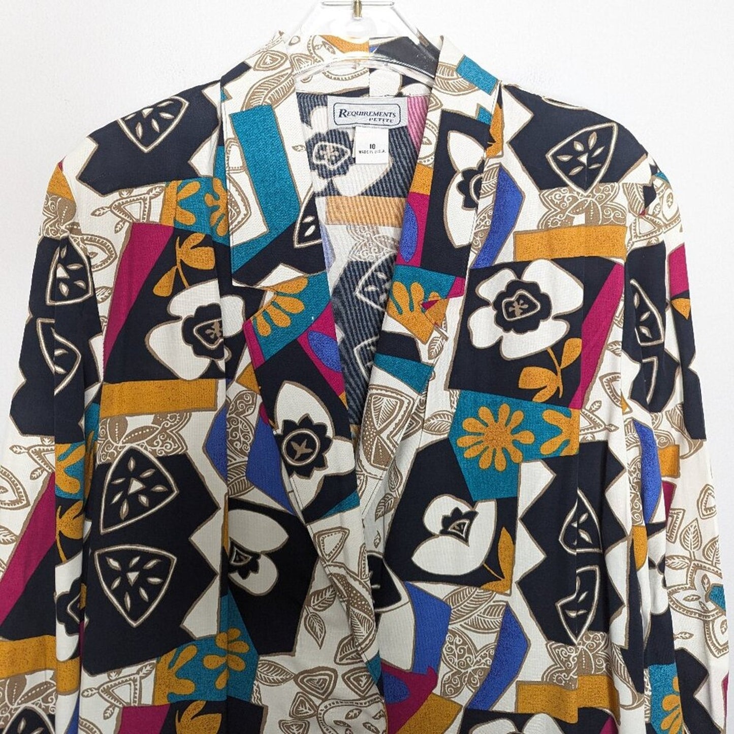 Vintage 80's Bright Geometric Pop Art Pattern Blazer Long Sleeve Pockets Floral