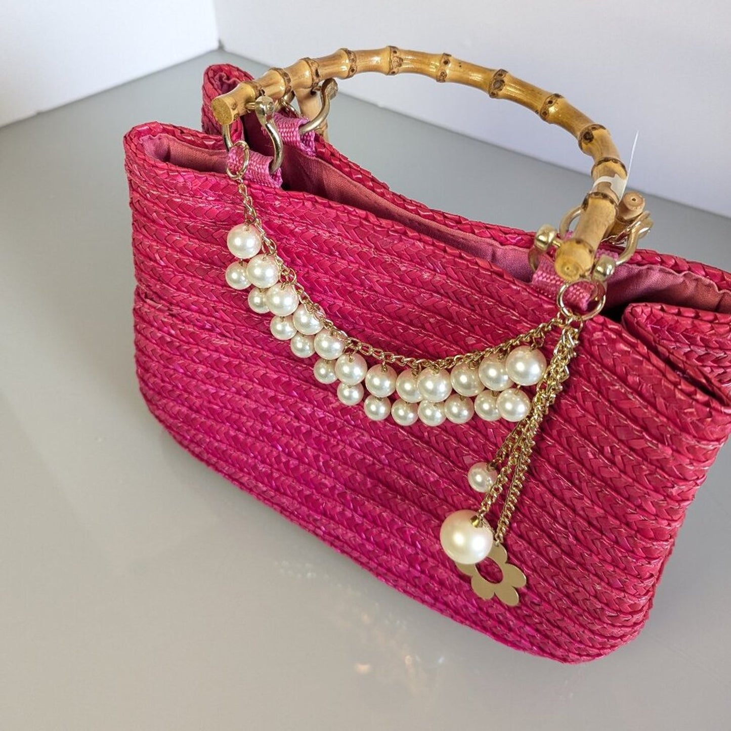 Vintage Hot Pink Woven Bag Bamboo Handles Upcycled Jewelry Charms Pearls Flower