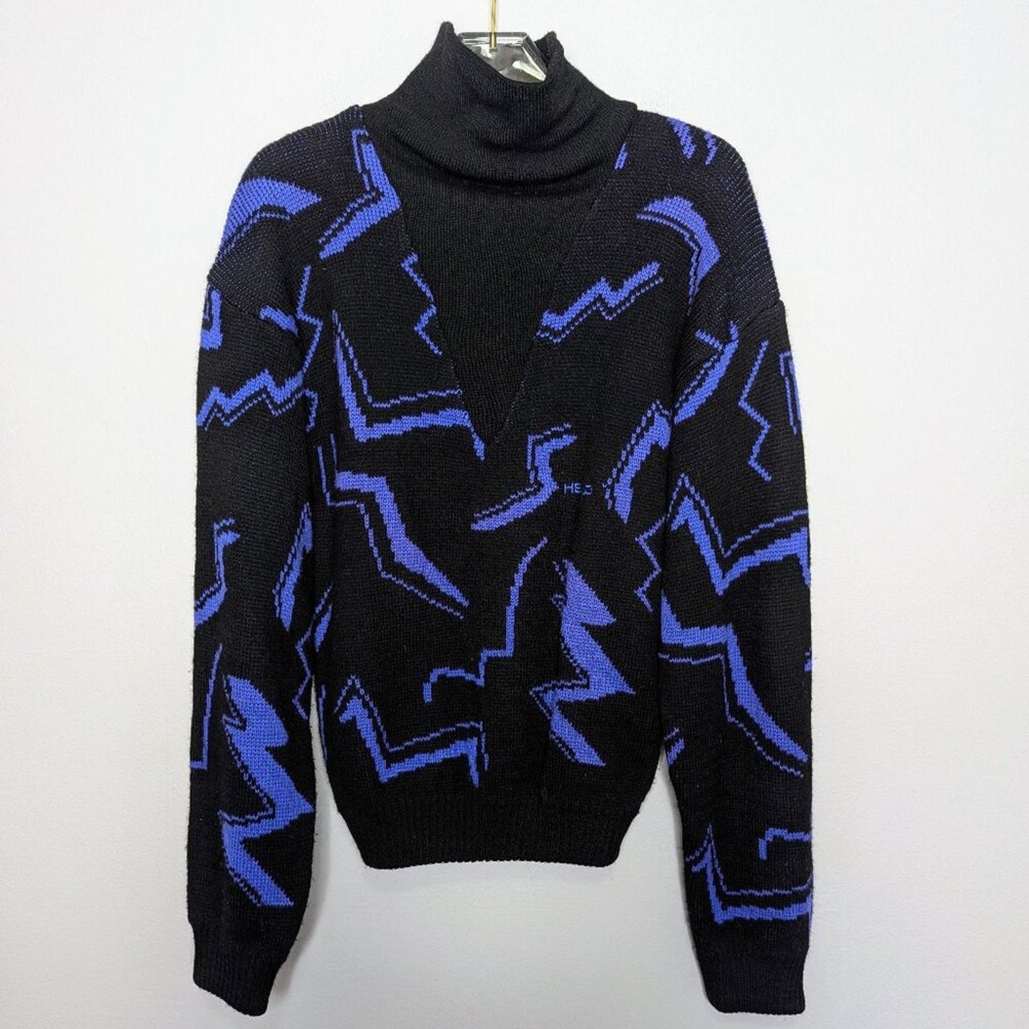 Head Sportswear Vintage 80's Black Blue Zig Zag Pattern Turtleneck Ski Sweater