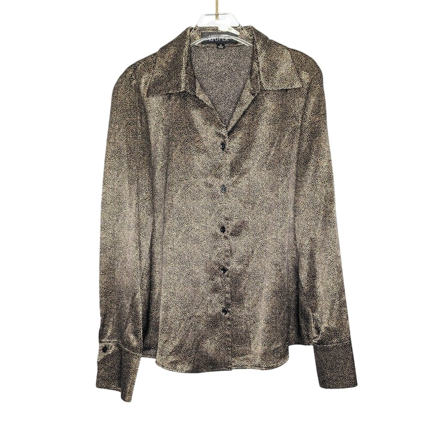 Vintage Black Gold Tiny Polka Dot Pattern Satin Shirt Button Up Long Sleeve 12