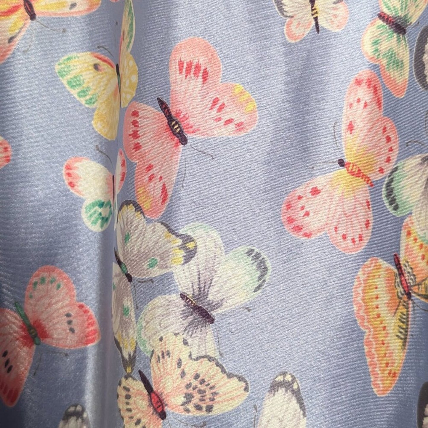 Vintage 90's Blue Satin Butterfly Pattern Slip Dress Spaghetti Straps Sleeveless