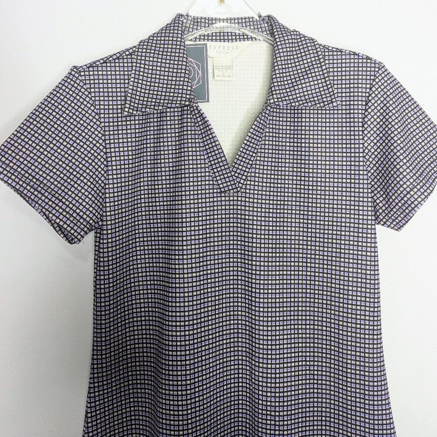 Express 90's Vintage Mini Plaid Pattern Short Sleeve Dress V-Neck Collared S