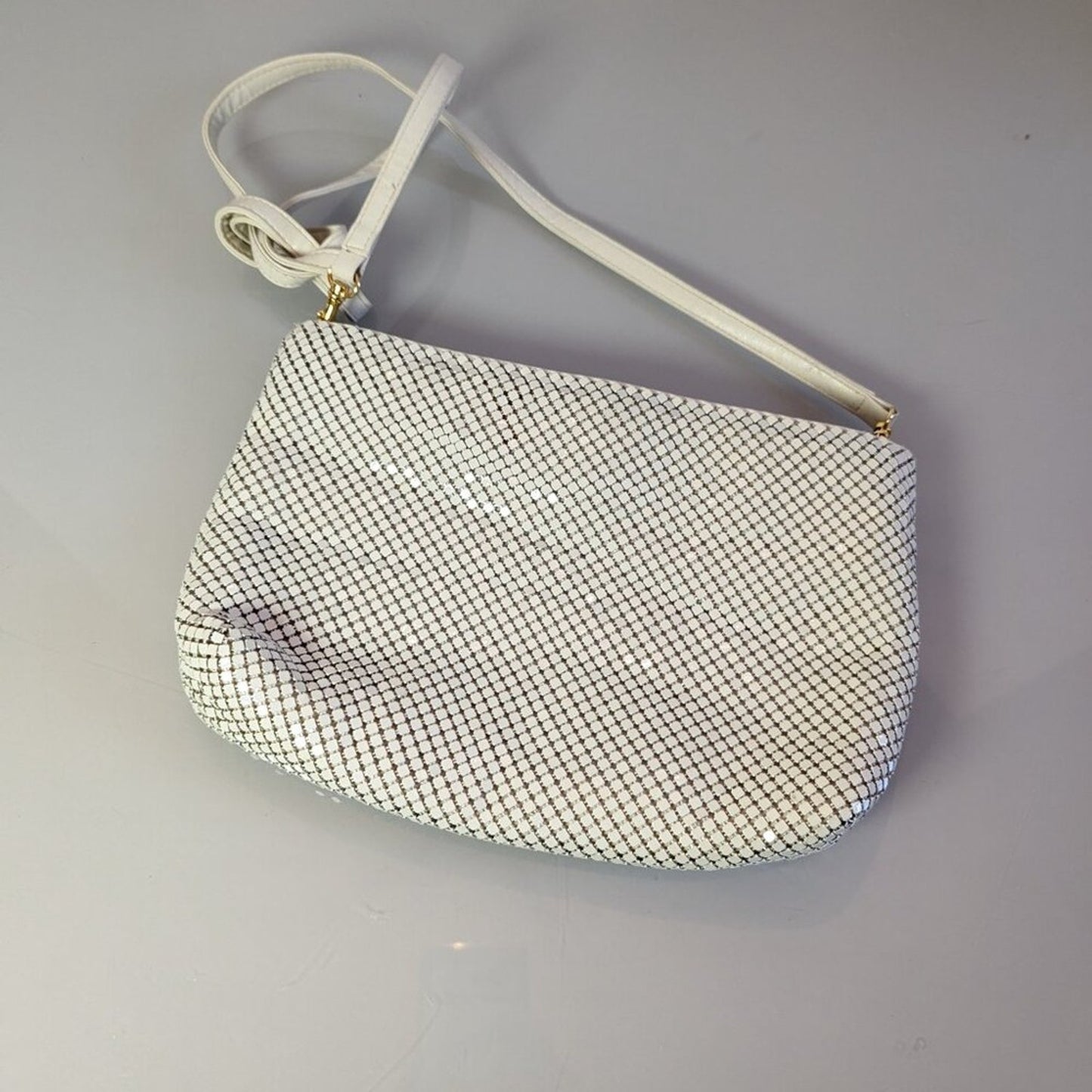 Whiting and Davis Vintage White Metal Mesh Crossbody Bag Convertible Clutch Zip