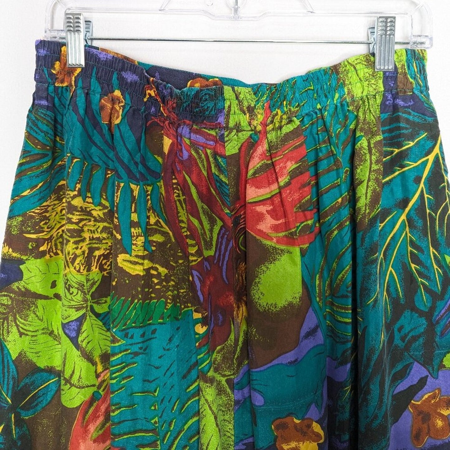 Vintage Green Tropical Jungle Palm Leaves Pattern Silk Maxi Skirt Elastic Waist