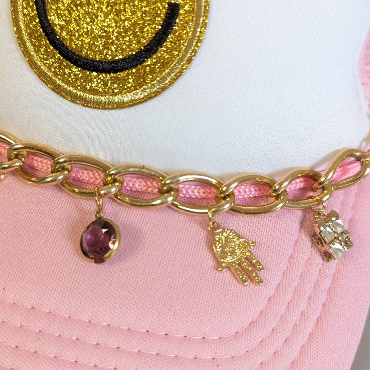 Upcycled Jewelry Charm Hat Chain Pink Smiley Face Adjustable Trucker Hat